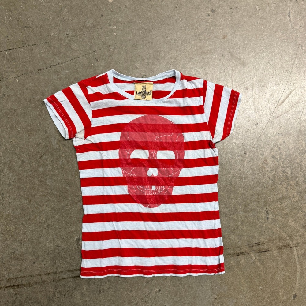 Royal Bones Red White Striped Skull‎ Graphic T-Shirt Y2K Goth Punk Medium